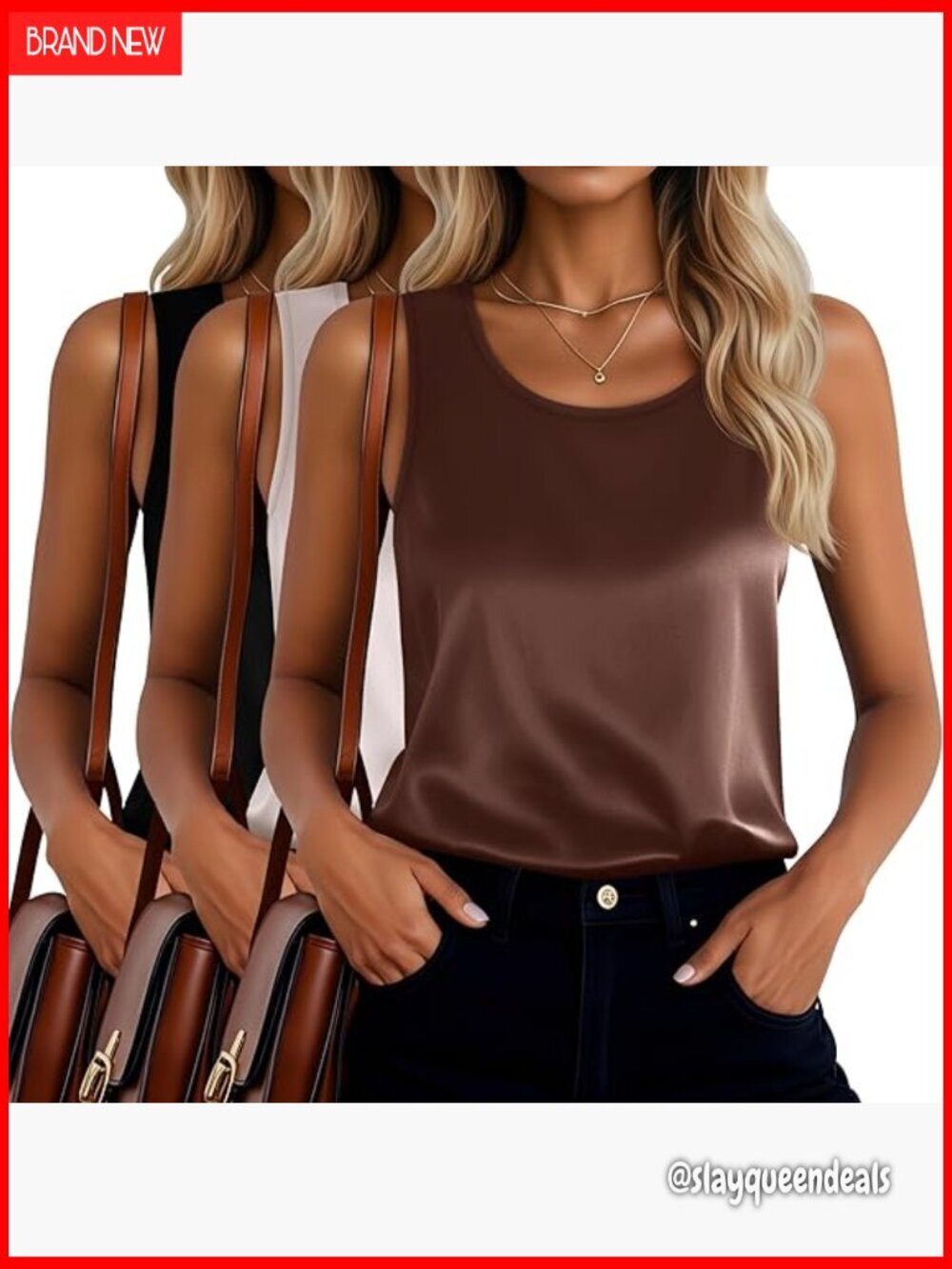3 Pack Satin Tank Tops Scoop Neck Loose Fit Camisoles Women's Summer